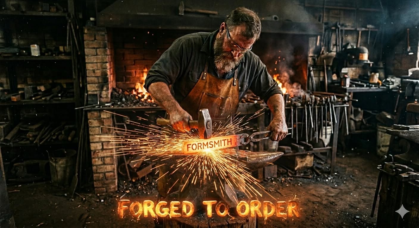 A blacksmith forging a glowing Formsmith wordmark above the words Forged to Order